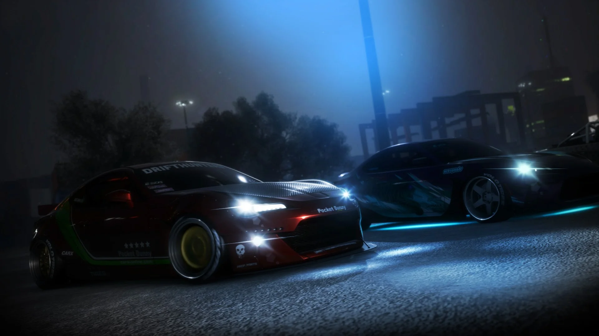 Heavily tuned street drift car sliding sideways through a city intersection at sunset under glowing highway overpasses in CarX Street