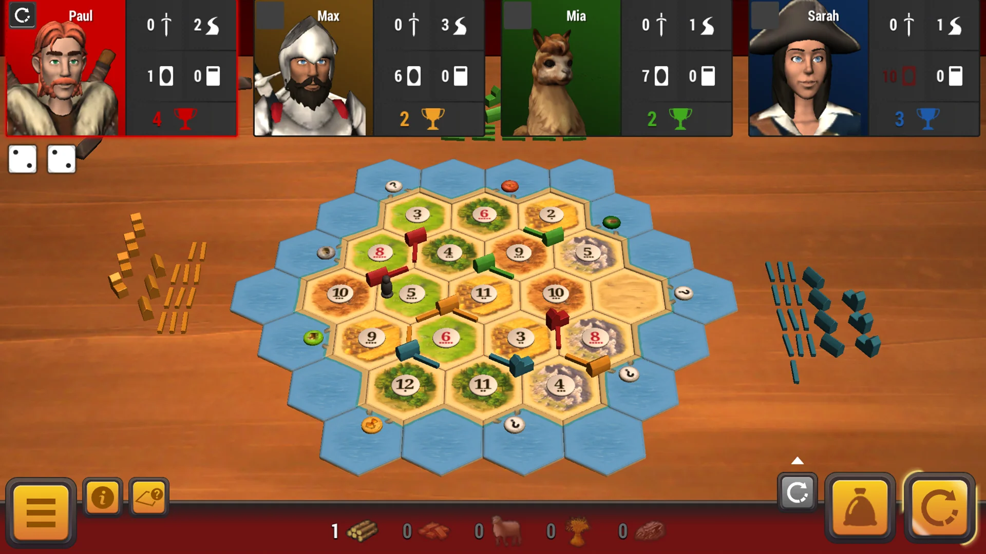 Gameplay screenshot of Catan Universe displaying the 3D hexagonal island board, settlement roads, and four player score cards