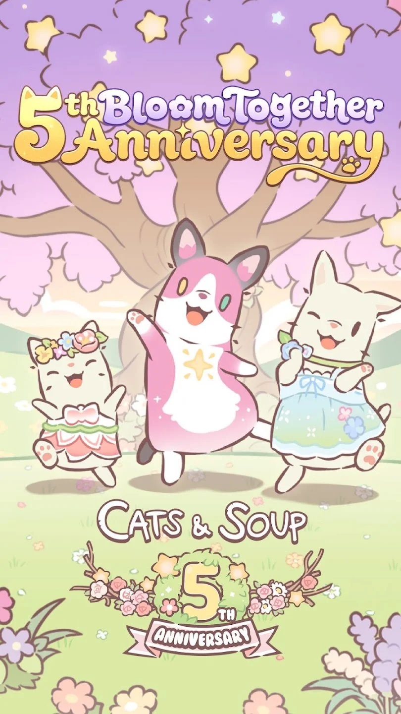 Whimsical celebration screen with three adorable cartoon cats dressed in floral crowns and pastel aprons dancing under a blooming sakura tree
