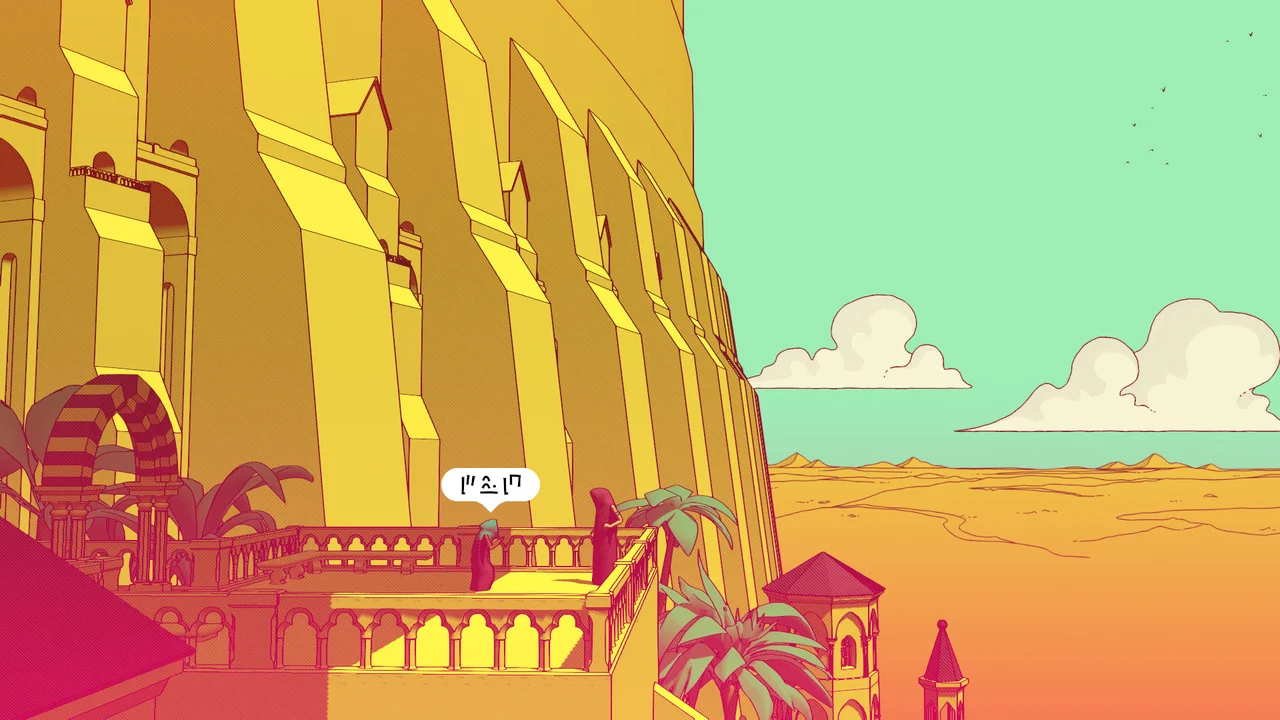 Chants of Sennaar gameplay showing a hooded traveler speaking with a resident on an elevated sunlit terrace overlooking sand dunes