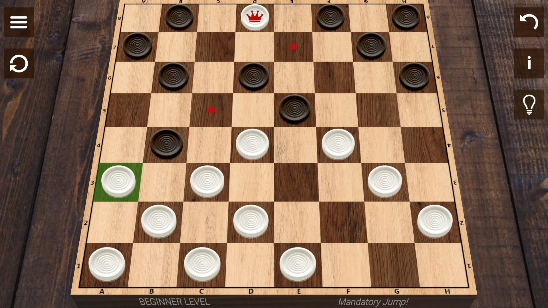 Overhead view of a checkers match with red and dark wooden discs on a checkered board in Checkers by Dimcoms