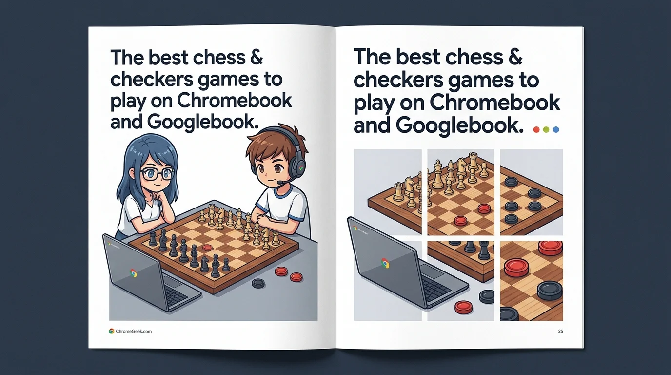 Editorial illustration of chess and checkers games on Chromebook and Googlebook with players and game boards