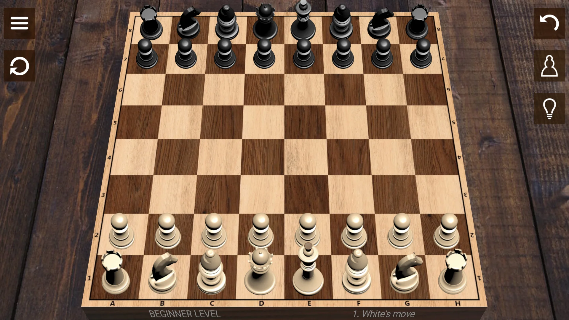 Horizontal wooden chessboard with classic 3D pieces and undo controls in Chess by Chess Prince
