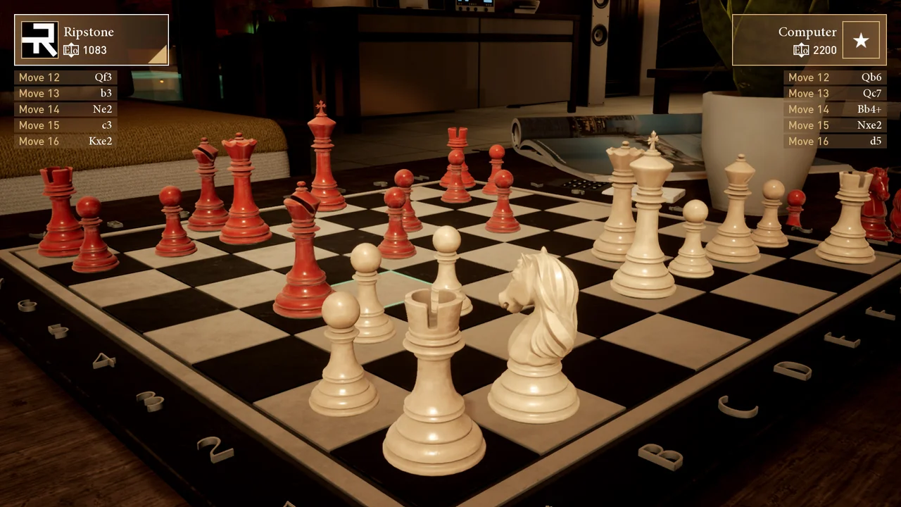 Wooden Staunton chess pieces set up on a polished wooden chessboard in Chess Ultra