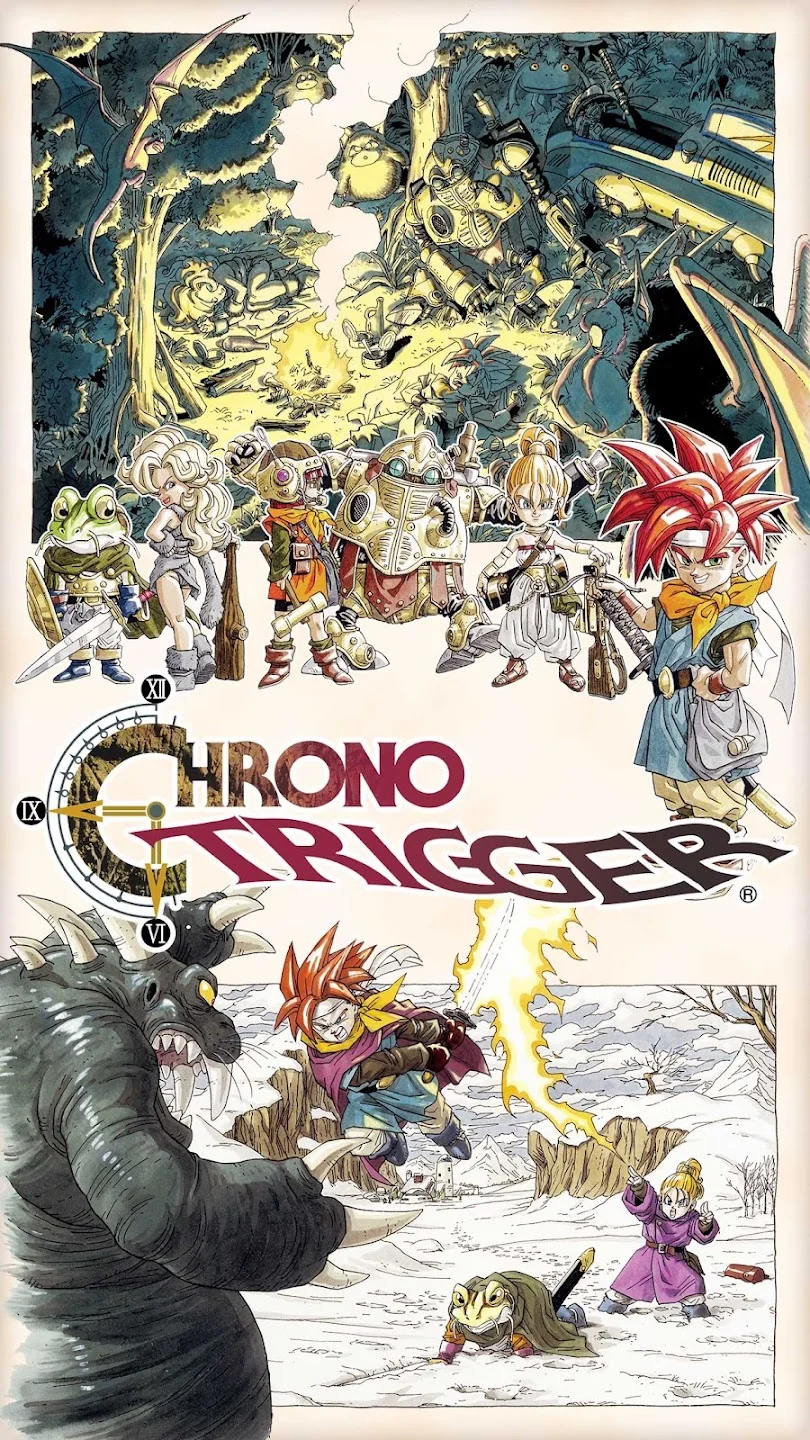 Gameplay screenshot of Chrono Trigger showing classic 16-bit Active Time Battle party combat, tech abilities, and retro pixel art