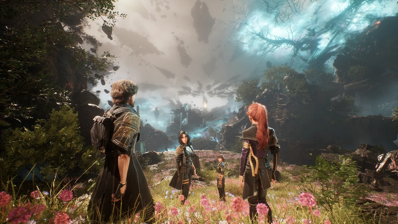 Gameplay screenshot of Clair Obscur: Expedition 33 showing stylized turn-based party combat and Belle Epoque fantasy environments