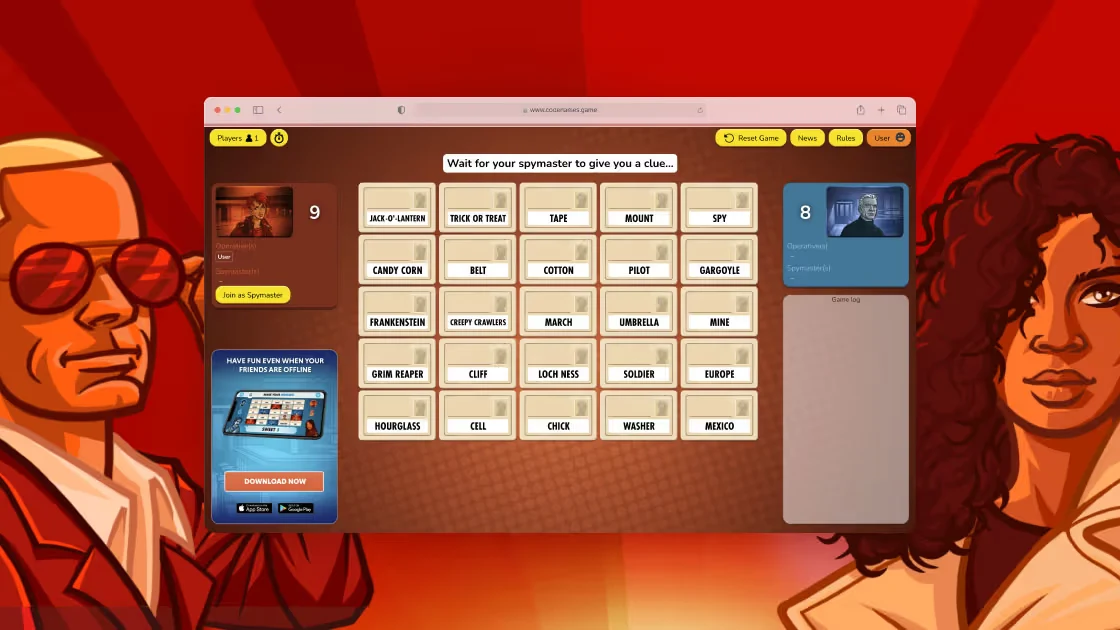 Codenames Online digital card board showing team operative codenames and spymaster grid