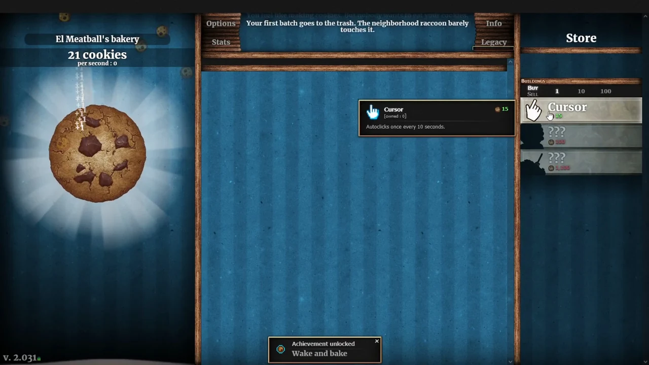 Cookie Clicker classic browser gameplay showing giant cookie and production buildings