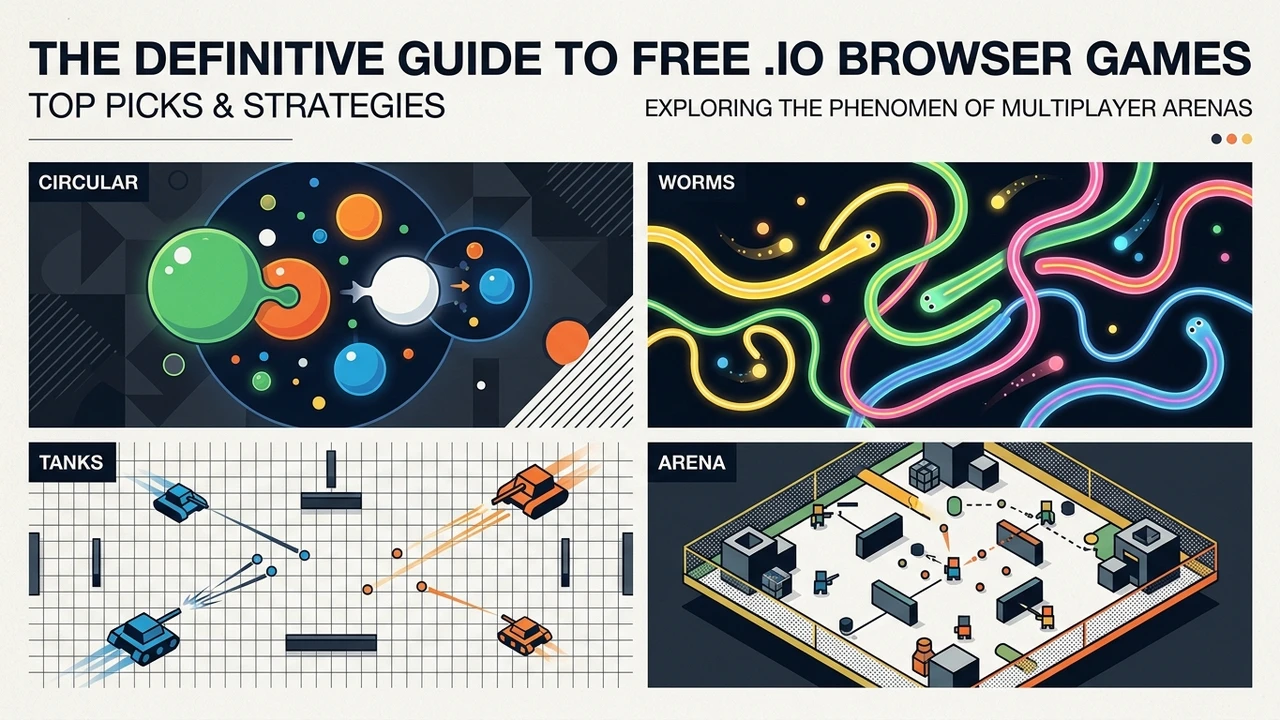 Best free .io games editorial artwork showing classic browser multiplayer game scenes in Chrome