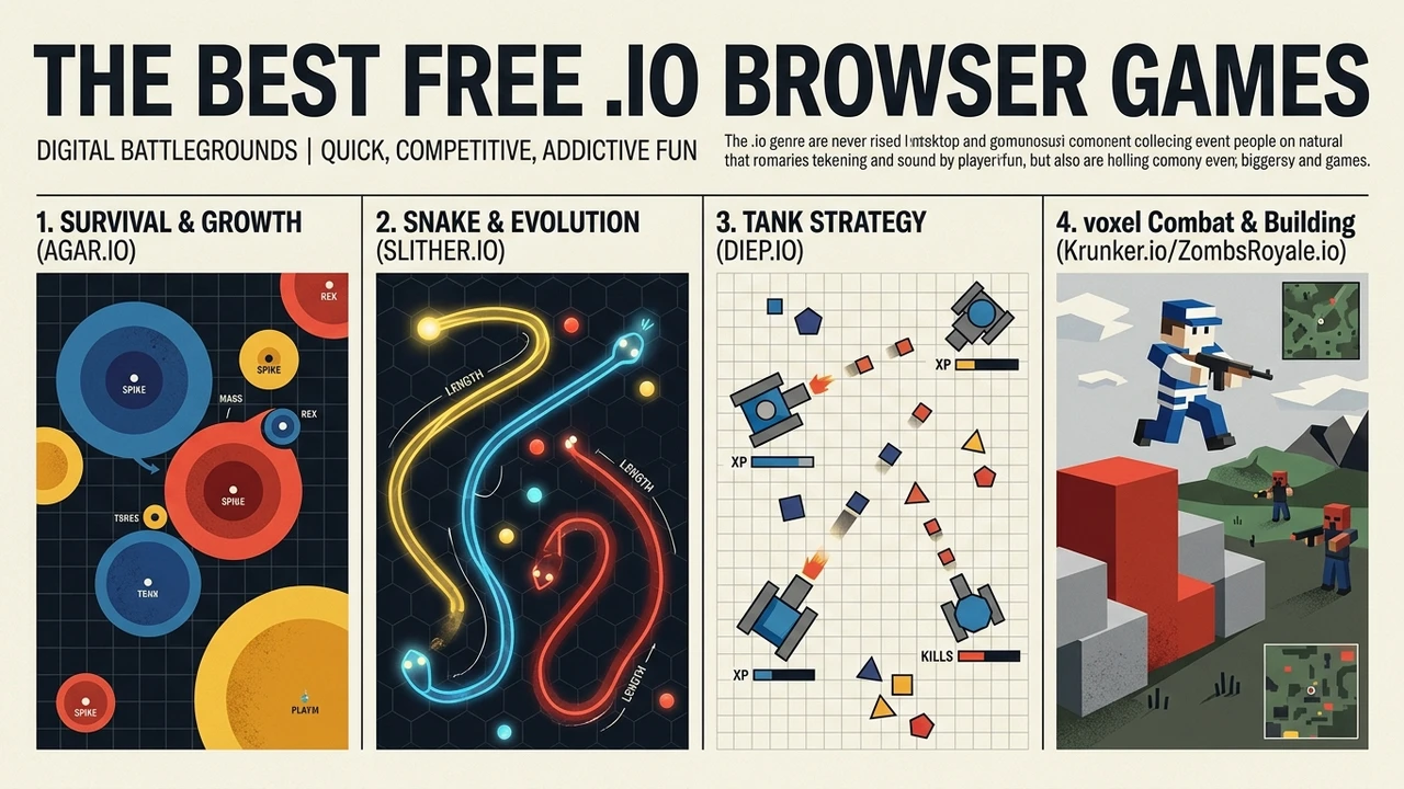 Best free .io games editorial artwork showing classic browser multiplayer game scenes in Chrome