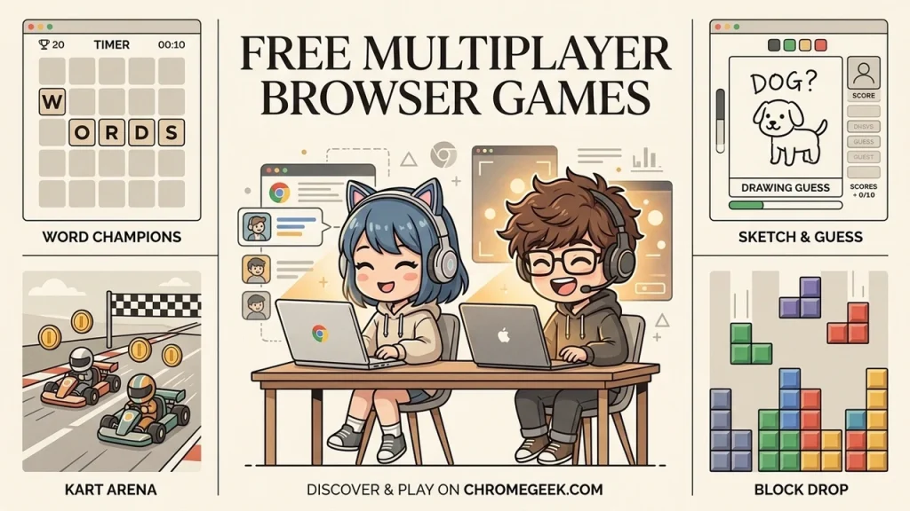 Free multiplayer browser games collage showing players enjoying online games on Chrome