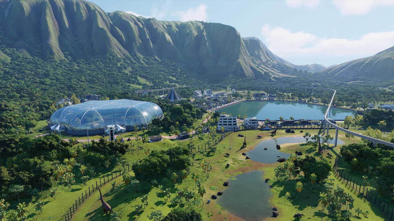 Jurassic World Evolution 2 dinosaur park management gameplay on Chromebook