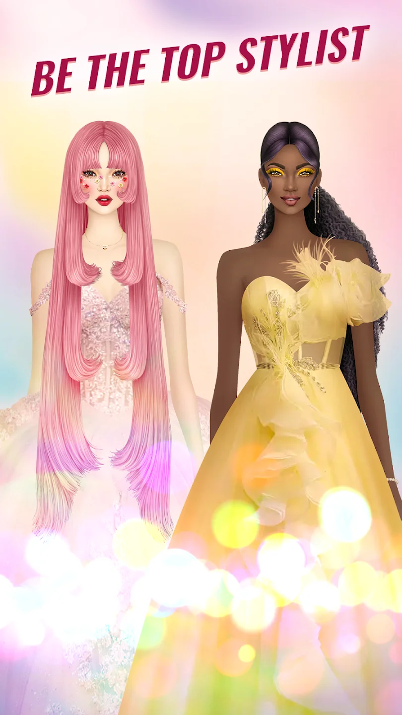 Two runway models styled in high fashion including a pastel pink floral gown and a vibrant yellow feathered evening dress