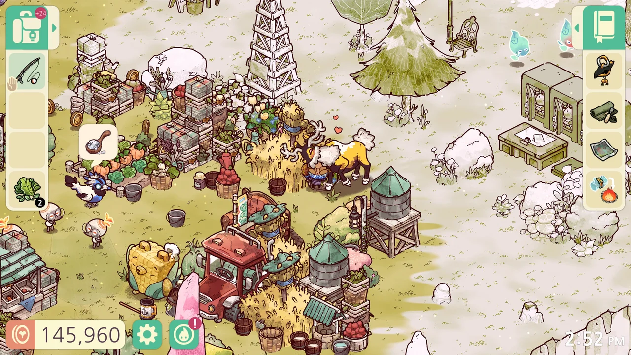 Storybook island campsite with Spirit Scout interacting with a spectral deer, pumpkin patches, and red tractor