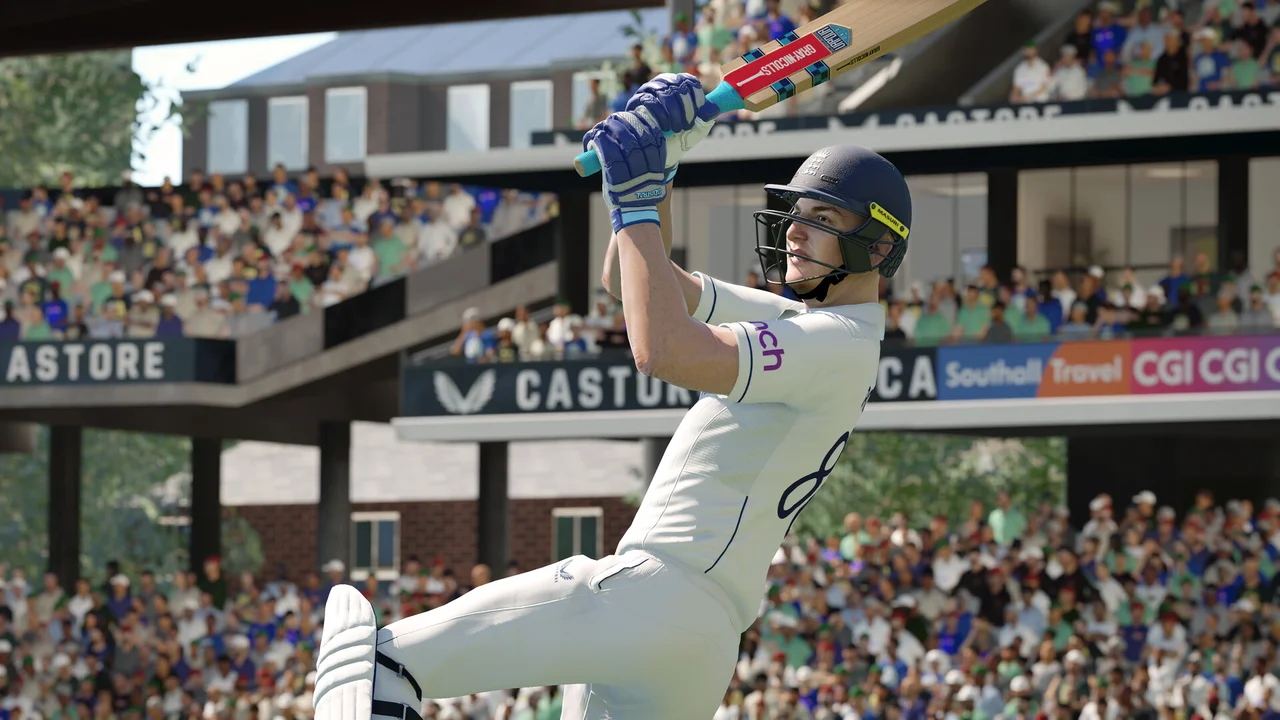 Gameplay screenshot of Cricket 24 showing batsman facing bowler in packed cricket ground with boundary ropes