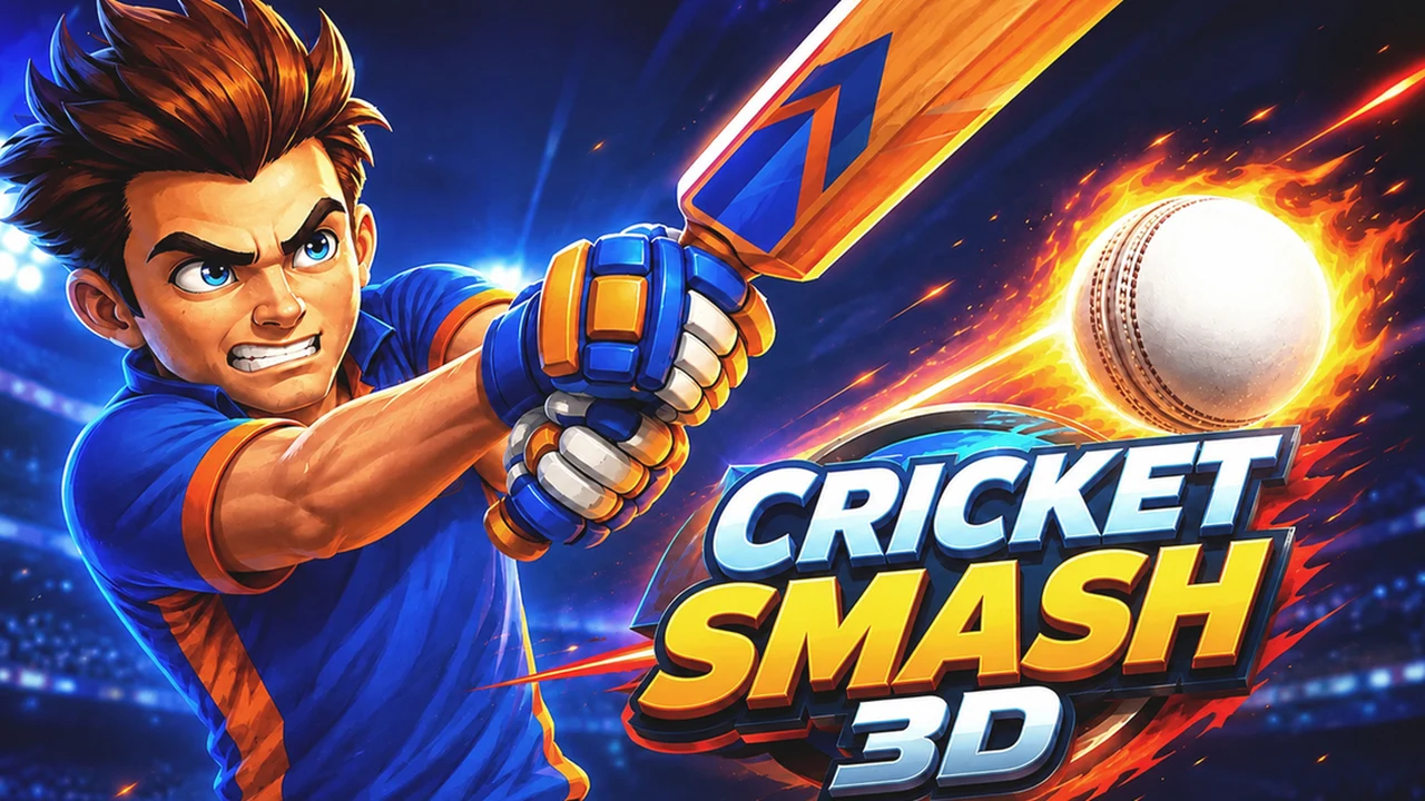Cricket Smash 3D pitch view with bowler delivering ball toward wicket-keeper and batsman
