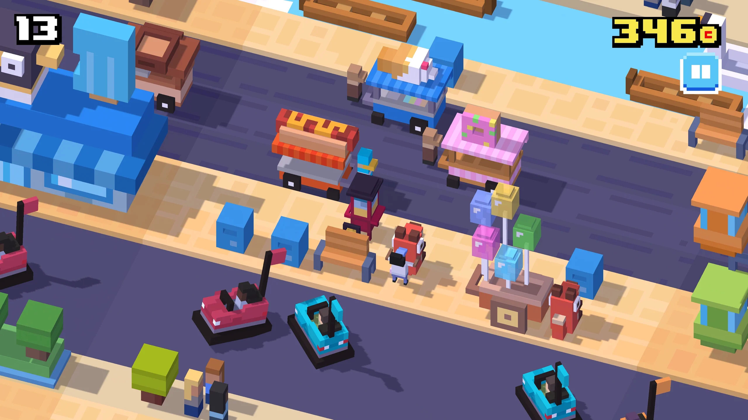 Gameplay screenshot of Crossy Road showing a voxel chicken hopping across roads, train tracks, and floating river logs