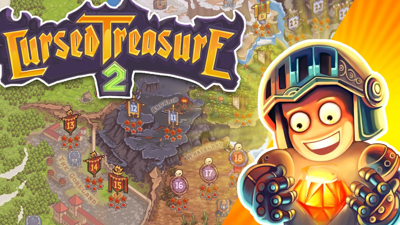 Cursed Treasure 2 tactical tower defense board with Den, Crypt, and Temple towers defending gem cave
