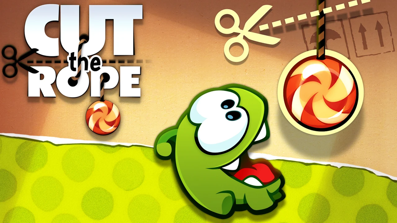 Cut the Rope physics puzzle showing Om Nom catching swinging candy on CrazyGames