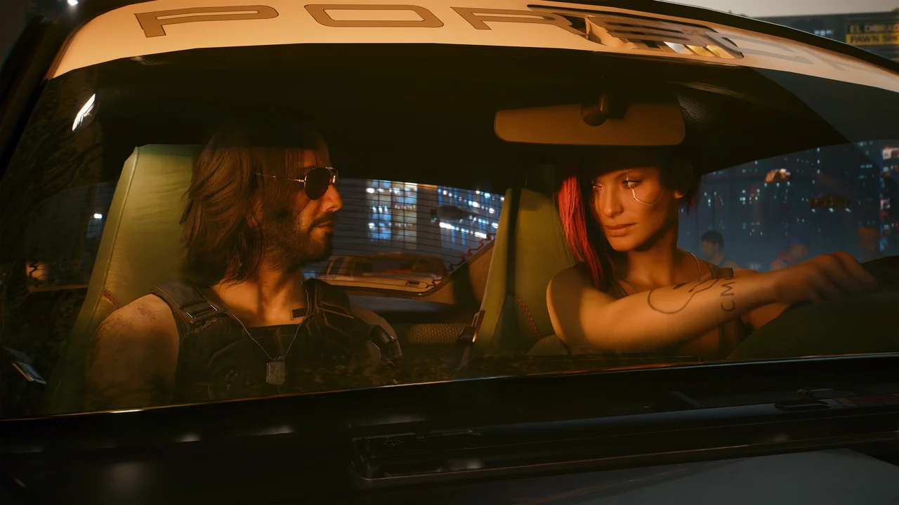 Gameplay screenshot of Cyberpunk 2077 showing Night City streets, futuristic architecture, and first-person HUD