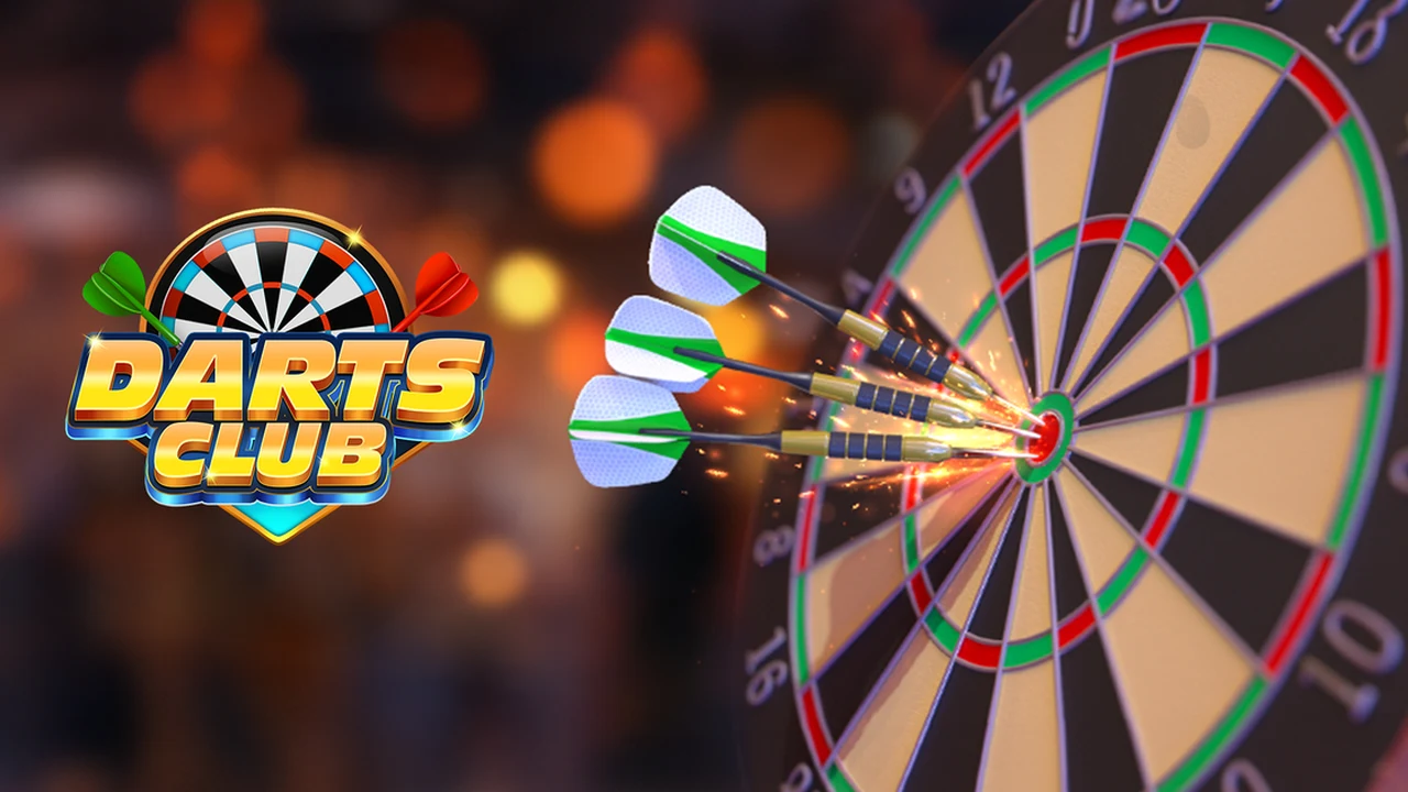 Darts Club dartboard closeup with darts embedded in triple-twenty bed