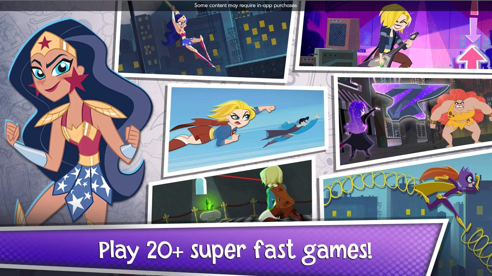 Fast-paced casual microgame challenge with Batgirl and Wonder Woman in DC Super Hero Girls Blitz