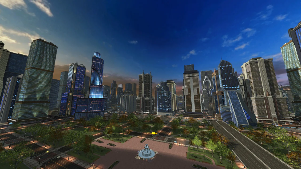 DC Universe Online custom flying superhero battling Brainiac minions above the streets of Metropolis