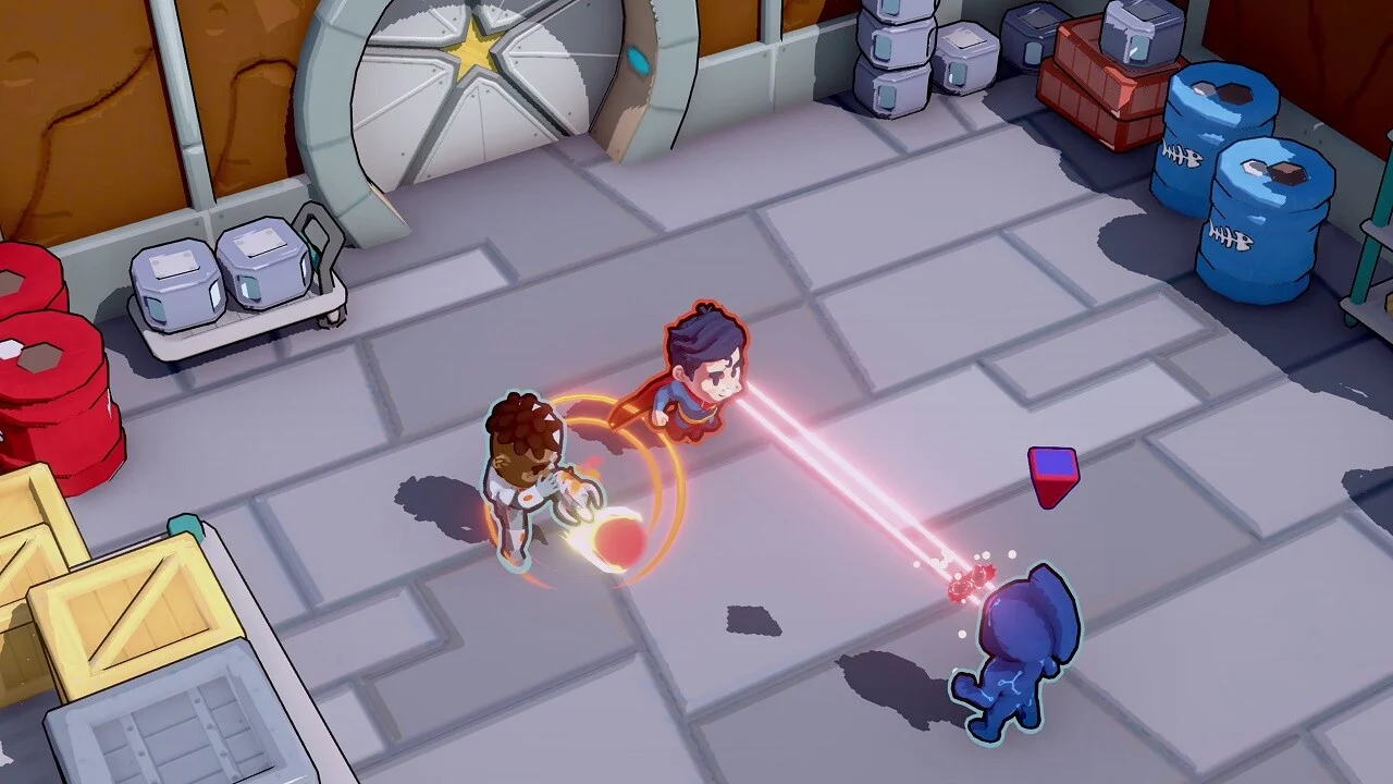 Superman, Batman, and Wonder Woman battling alien minions in Happy Harbor