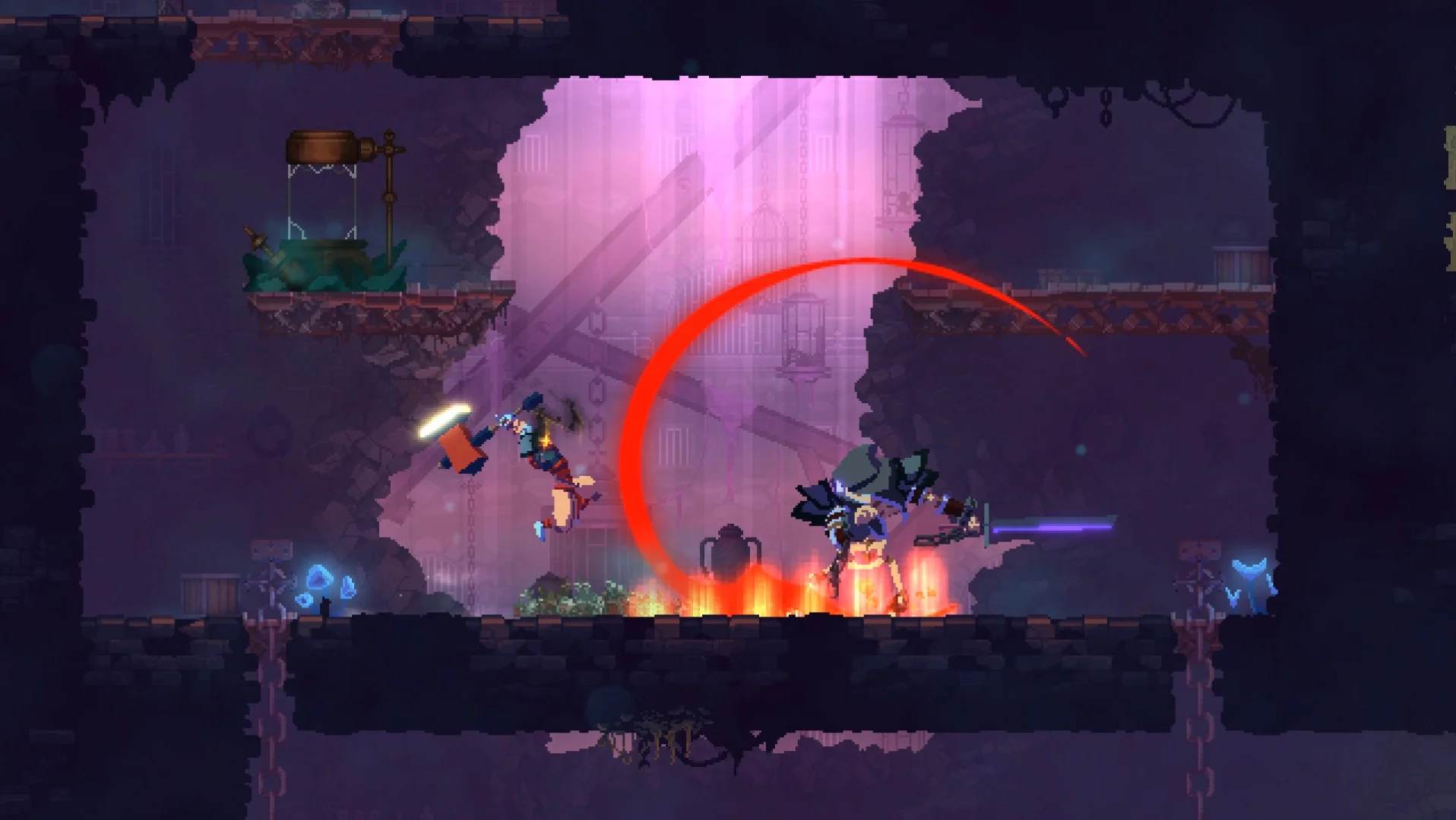Dead Cells gameplay showing the flaming-headed protagonist leaping across castle ramparts with twin swords drawn