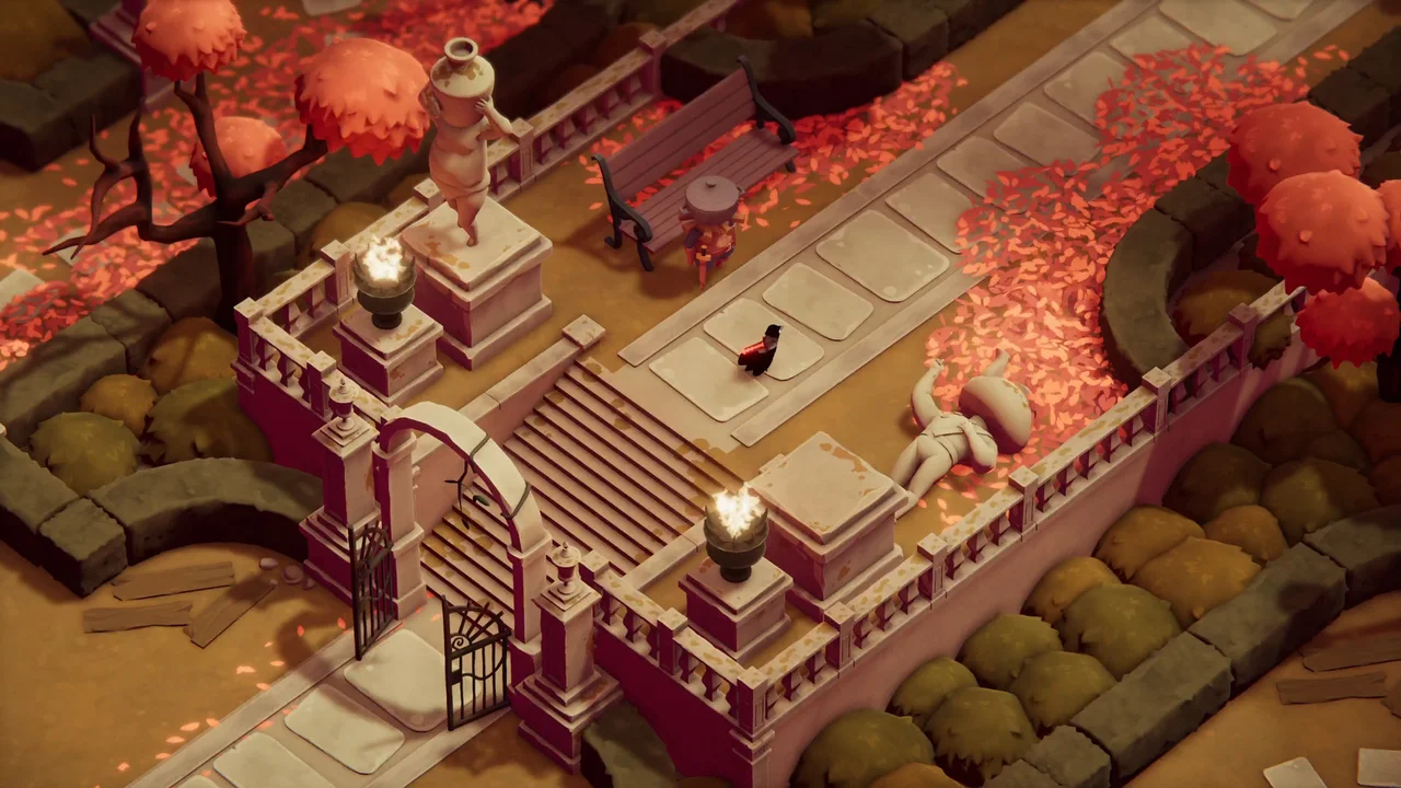 Small reaper crow holding a pink sword walking up a paved stone staircase with autumn leaves