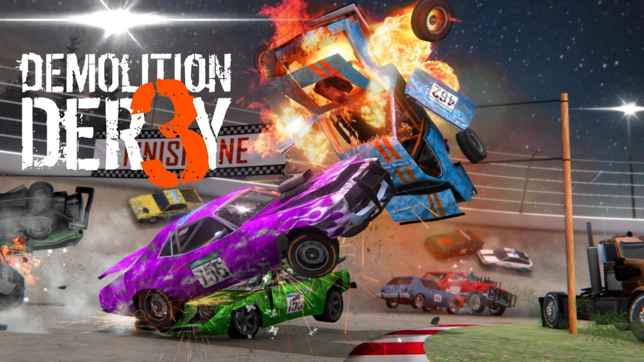 Demolition Derby 3 high-impact car arena collision with dented body panels and dirt flying