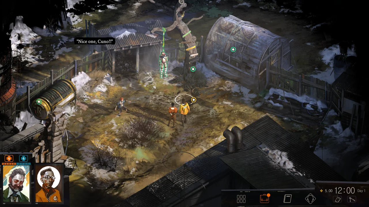 Gameplay screenshot of Disco Elysium - The Final Cut showing the isometric city of Revachol, dialogue interface, and skill checks