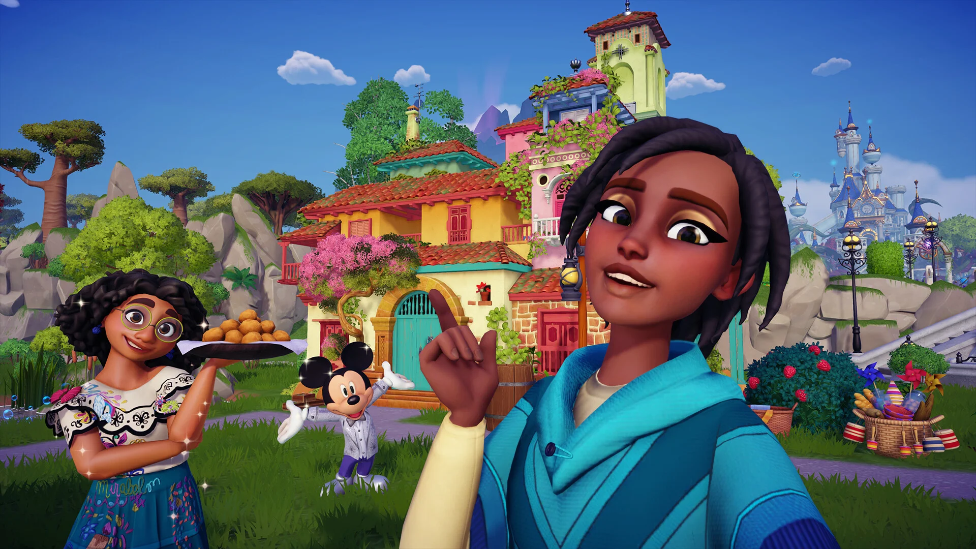 Player character gardening and cooking alongside Disney neighbors in Dreamlight Valley