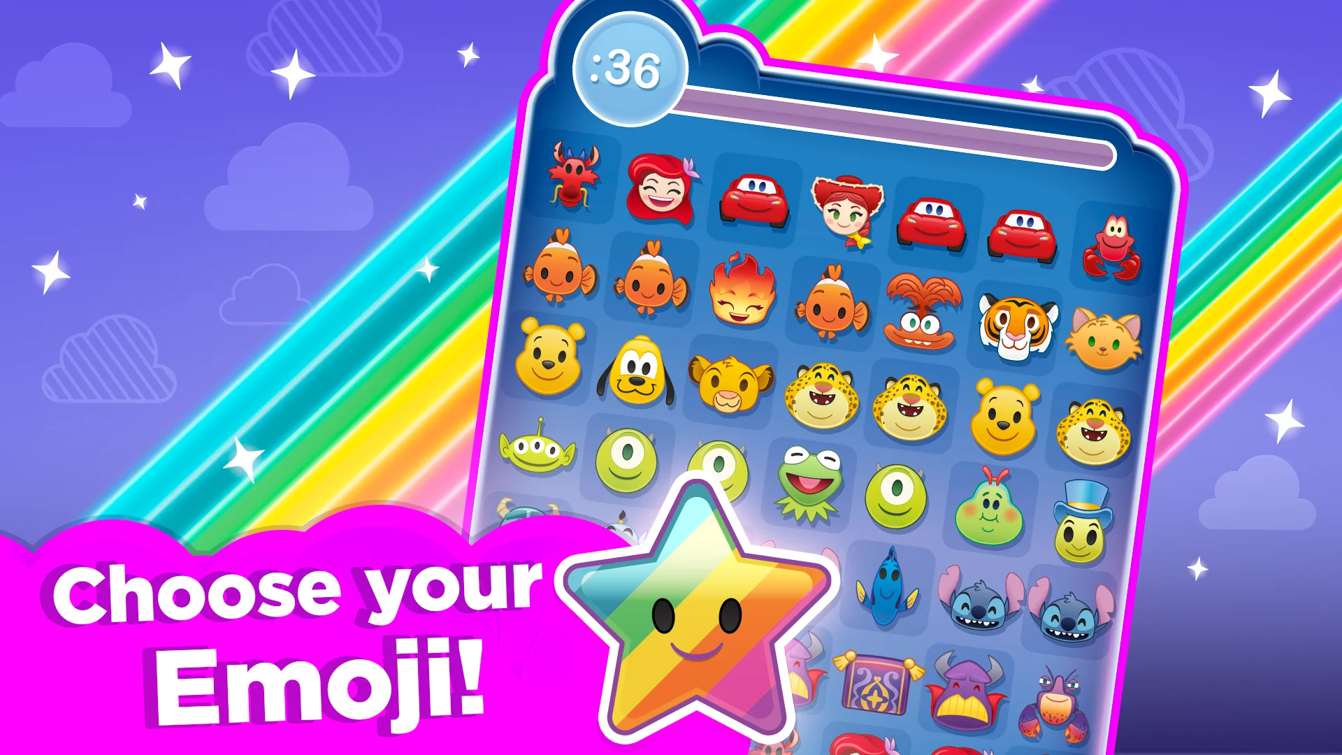 Fast-paced match-3 board loaded with expressive Disney and Pixar emoji faces in Disney Emoji Blitz