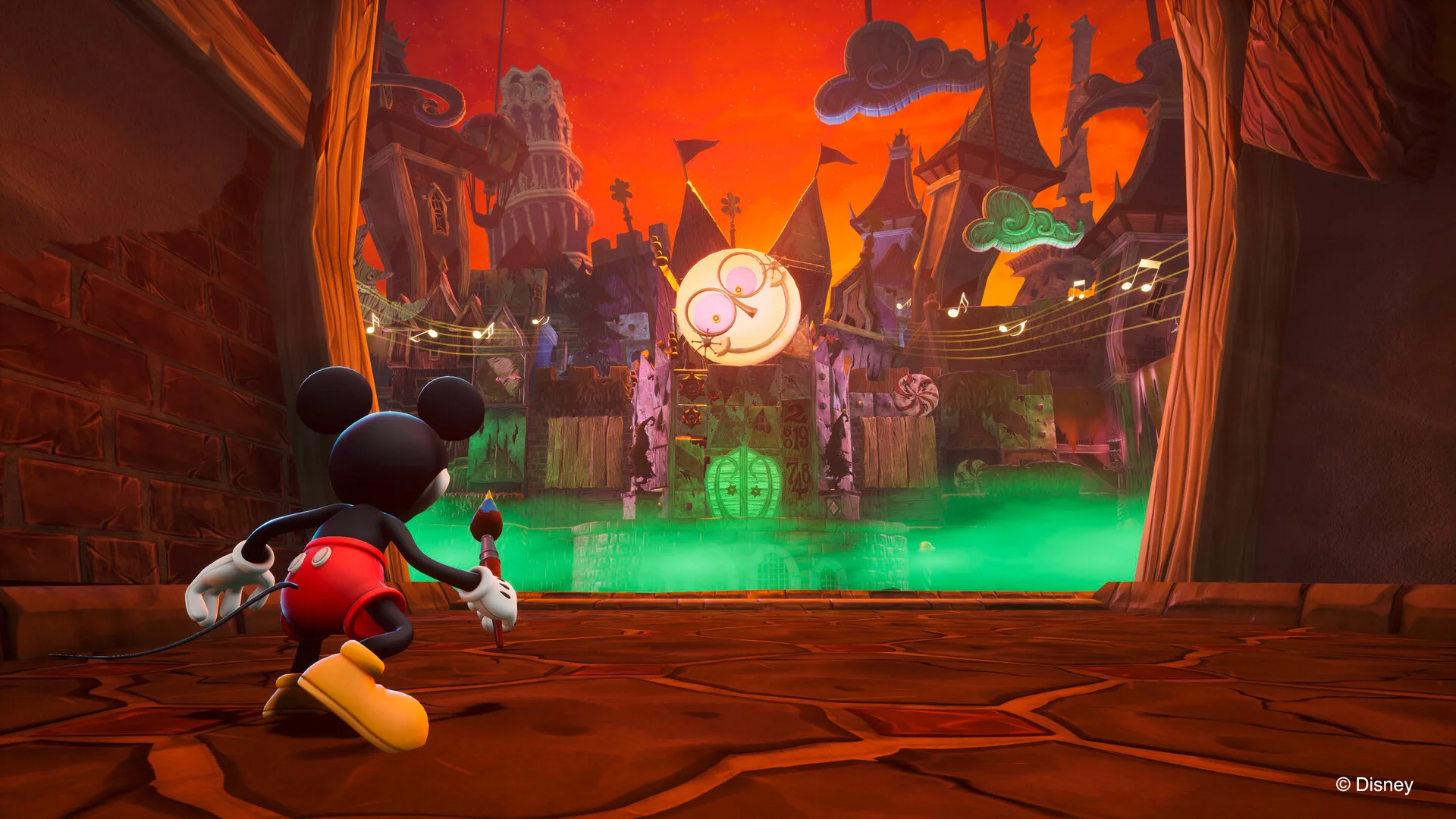 Mickey Mouse using his magical paintbrush to paint platforms in the dark fantasy Wasteland