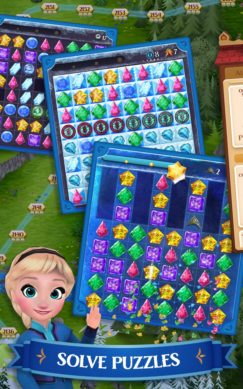 Matching colorful ice crystals on a snowy winter grid in Disney Frozen Free Fall Games