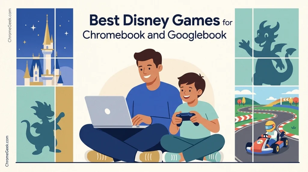 Editorial illustration showcasing Disney games for Chromebook and Googlebook featuring family gaming, a fairytale castle spire, and kart racing