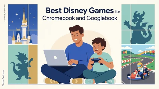 Editorial illustration showcasing Disney games for Chromebook and Googlebook featuring family gaming, a fairytale castle spire, and kart racing