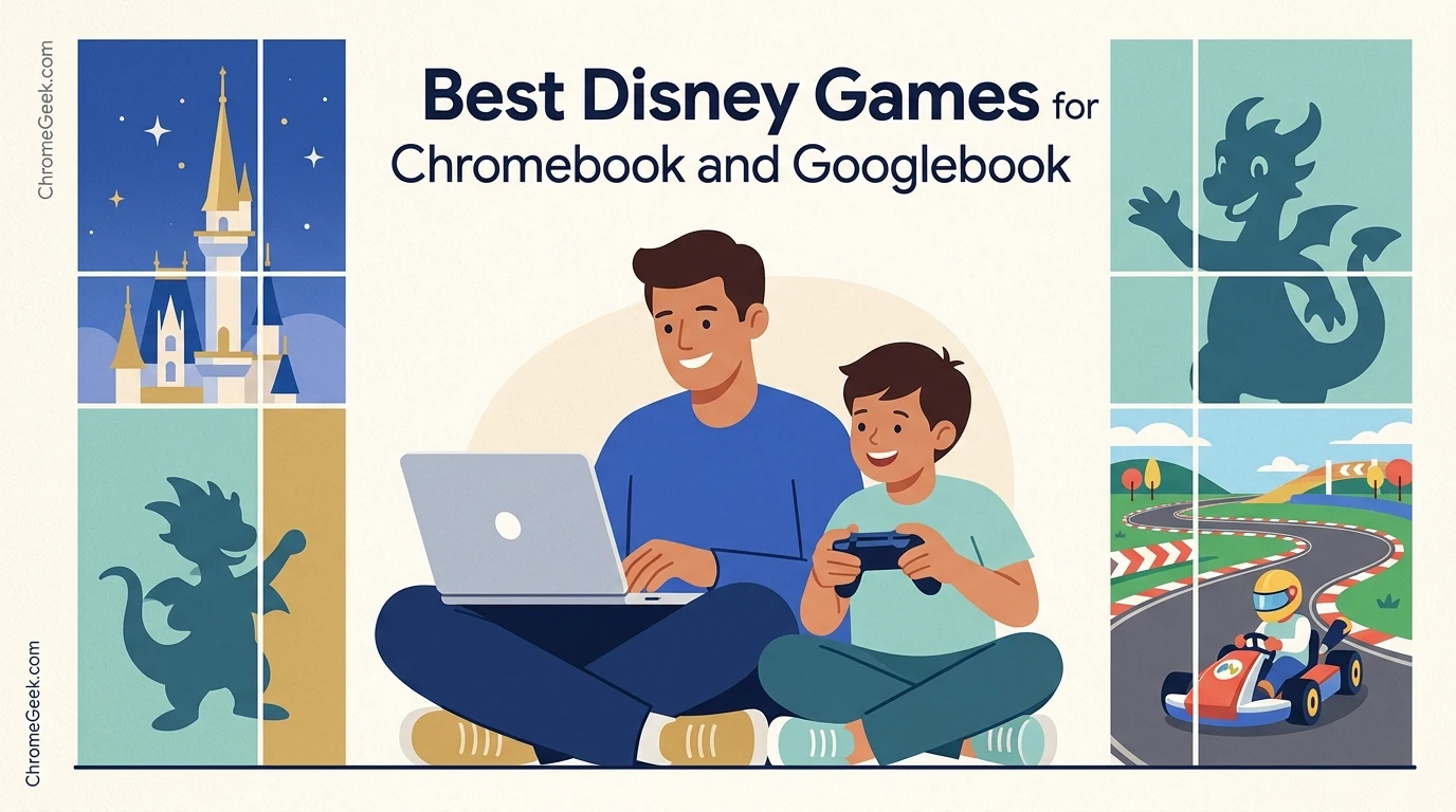 Editorial illustration showcasing Disney games for Chromebook and Googlebook featuring family gaming, a fairytale castle spire, and kart racing