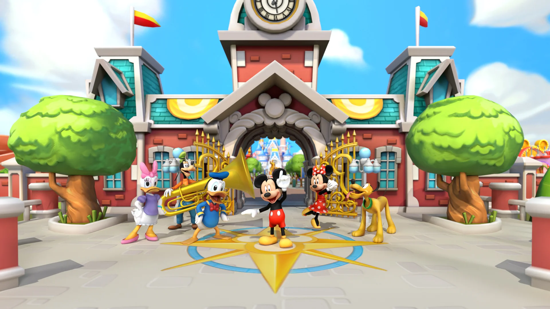 Aerial view of custom theme park attractions and guest pathways in Disney Magic Kingdoms
