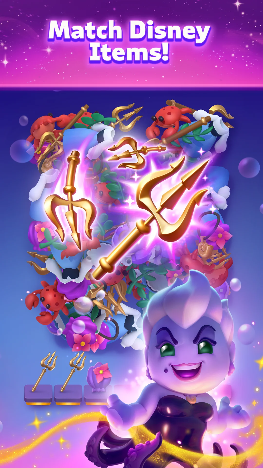 Sorting and matching piles of 3D Disney figurines and movie memorabilia in Disney Magic Match 3D
