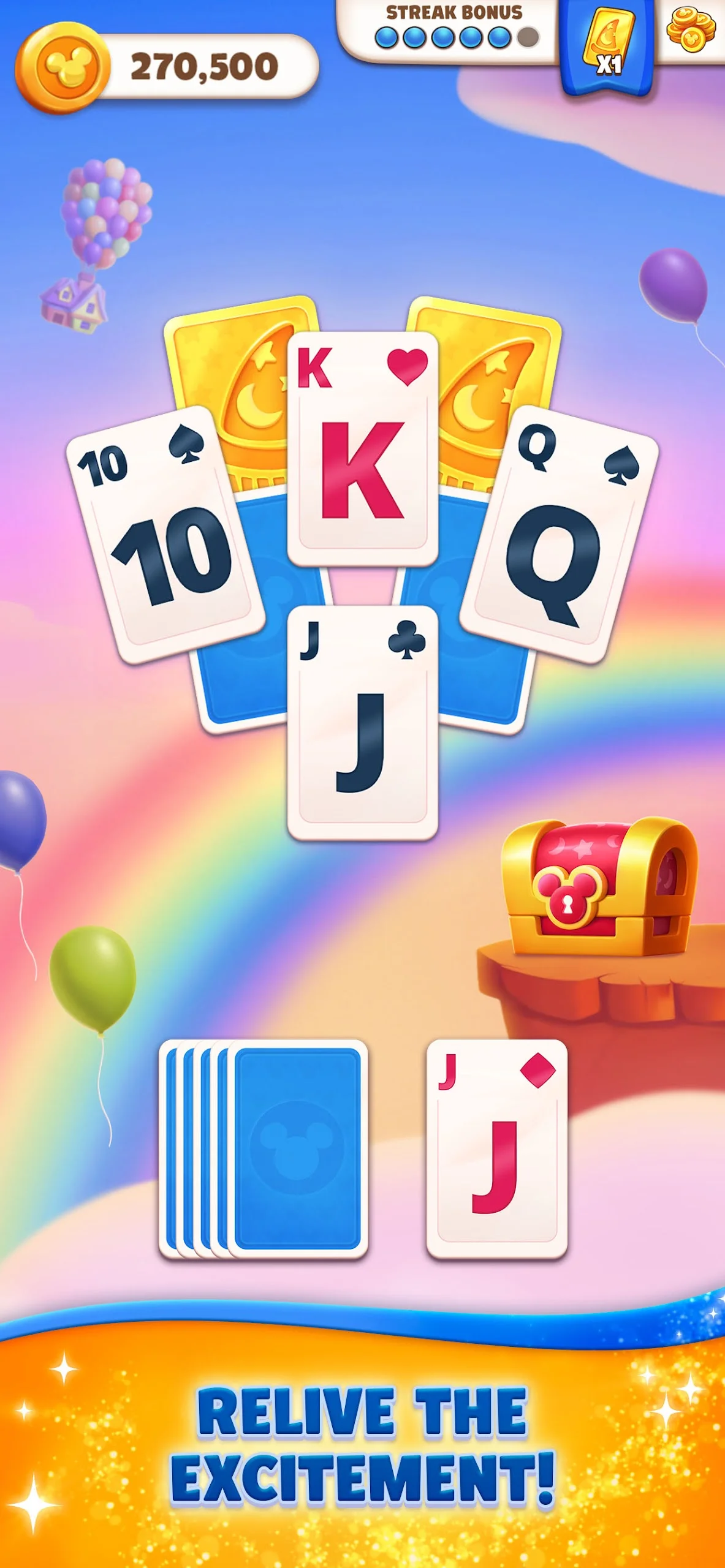 Tri-peaks solitaire card layout with Disney story illustration background in Disney Solitaire