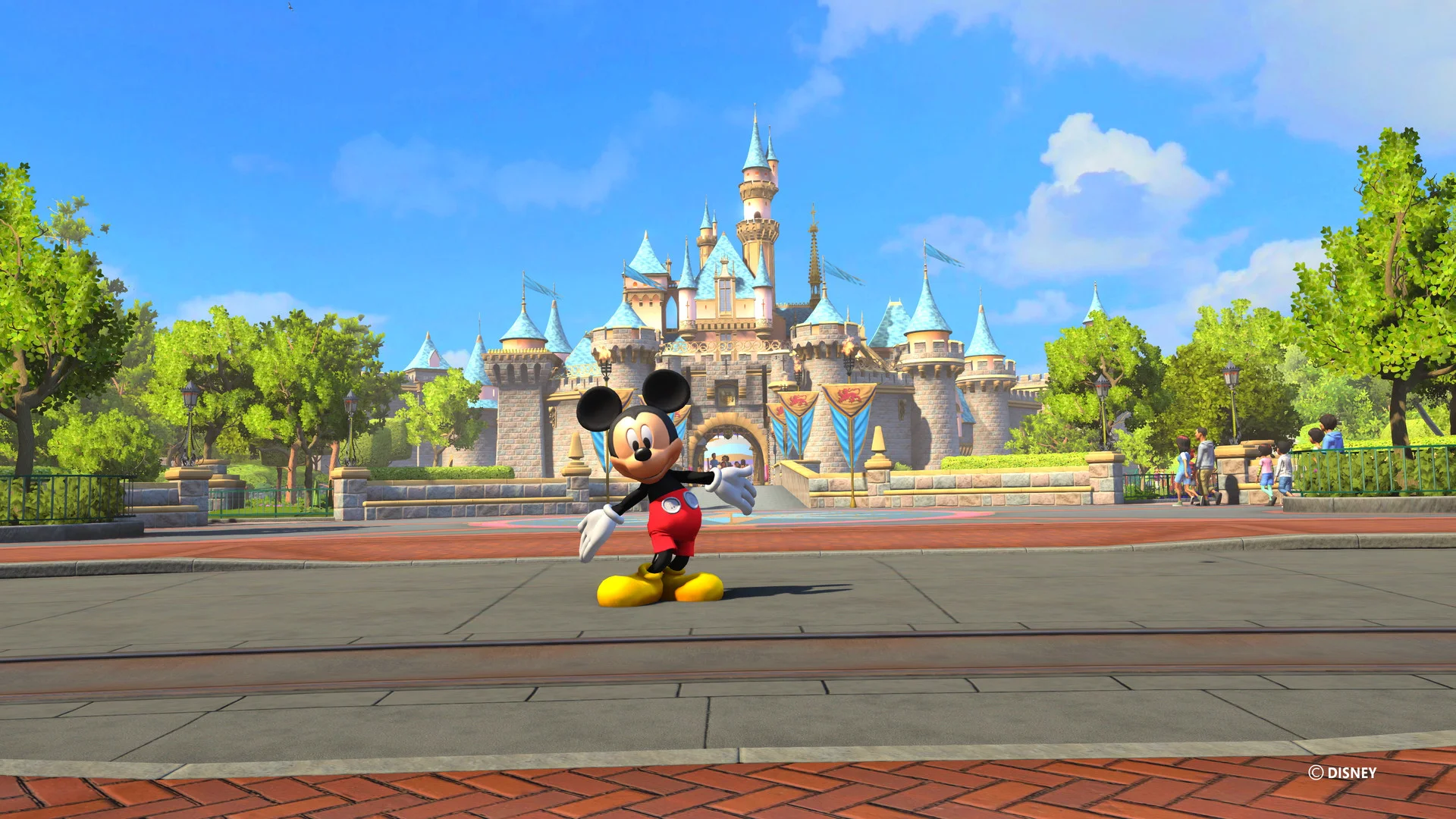 Player character greeting Mickey Mouse on Main Street USA inside the virtual Disneyland park