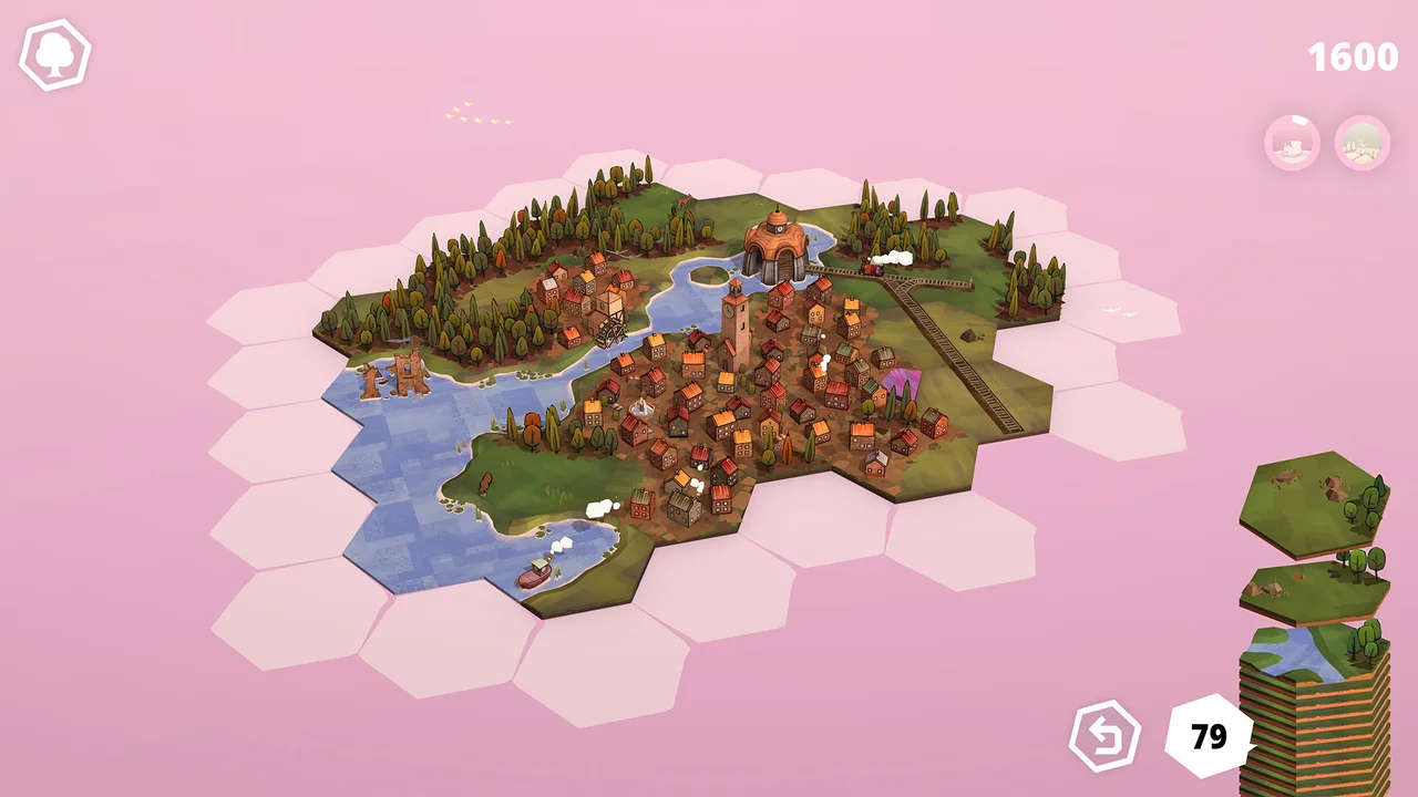 Dorfromantik gameplay showing an expanding hexagonal countryside with village houses, river bends, pine trees, and a railway track