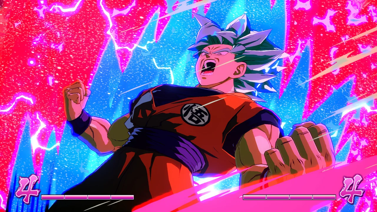 Goku and Vegeta trading high-speed aerial blows with golden ki explosions in DRAGON BALL FighterZ