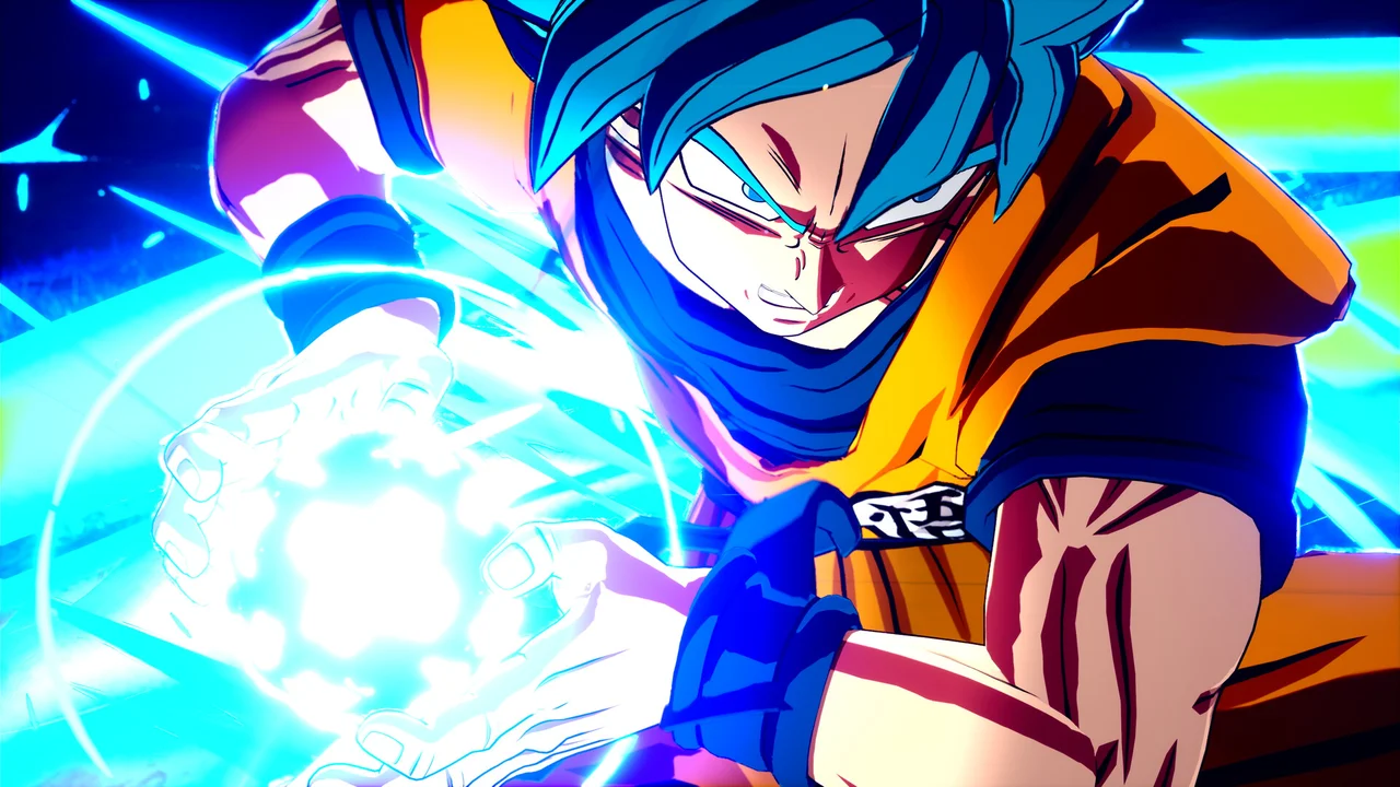 Super Saiyan Blue Goku launching a massive Kamehameha across a shattered rocky battlefield in DRAGON BALL: Sparking! ZERO