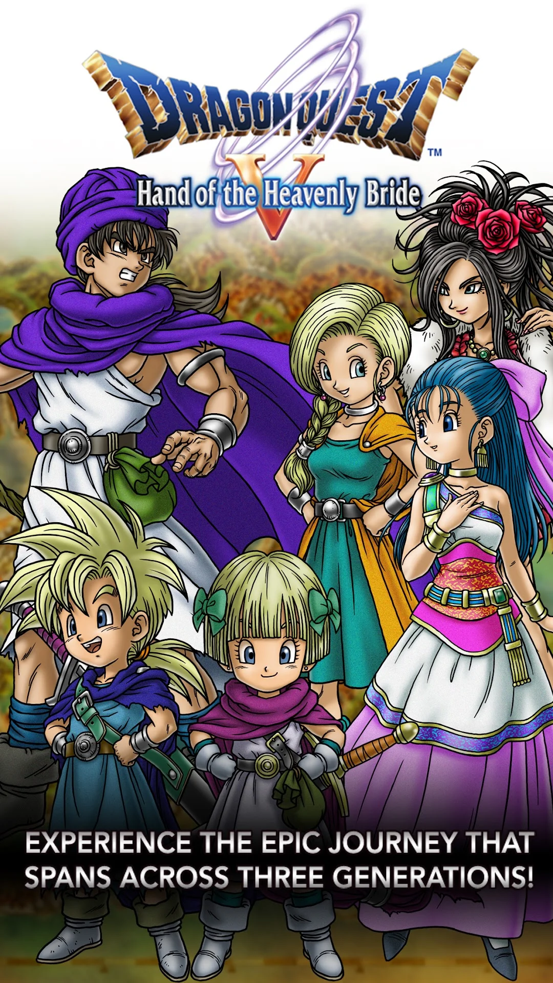 Dragon Quest V gameplay showing a vertical turn-based battle screen where hero party members face classic slime monsters