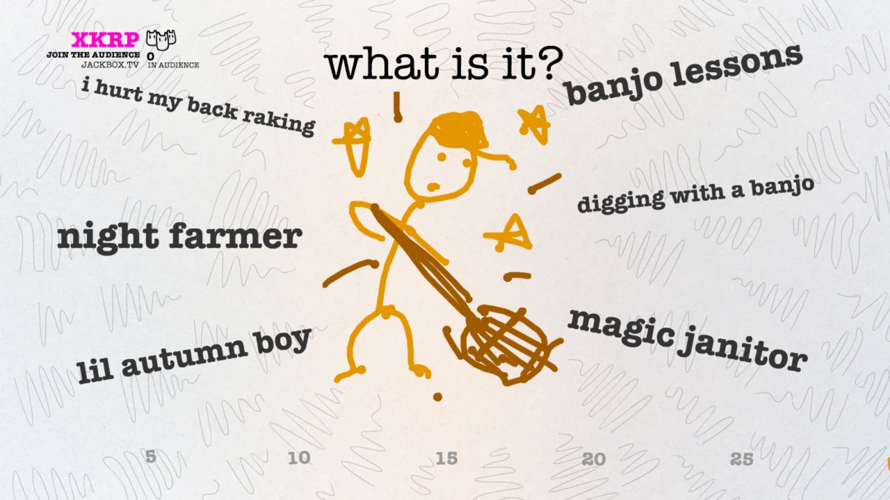 Drawful 2 round showing a funny player doodle with submitted guessing titles on a clean grid screen