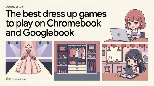 Editorial illustration of dress up games on Chromebook showing fashionable avatars and styling tools