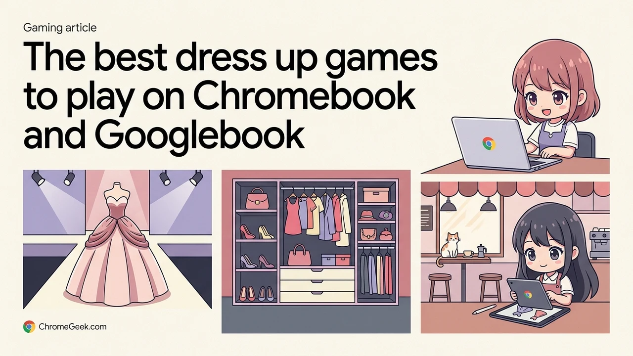 Editorial illustration of dress up games on Chromebook showing fashionable avatars and styling tools